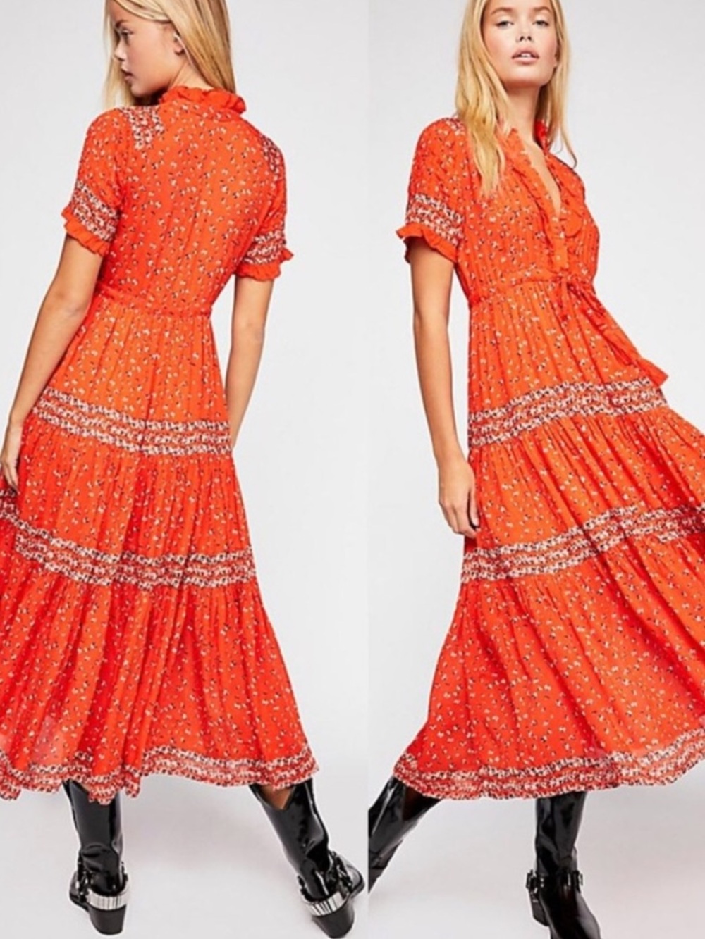 Free People Rare Feelings Floral Print Tiered Maxi Dress in Orange Sz L
